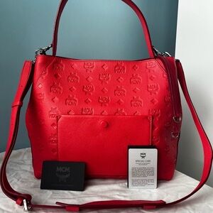 MCM Red Ottomar Calfskin Leather Monogram Klara Hobo Crossbody